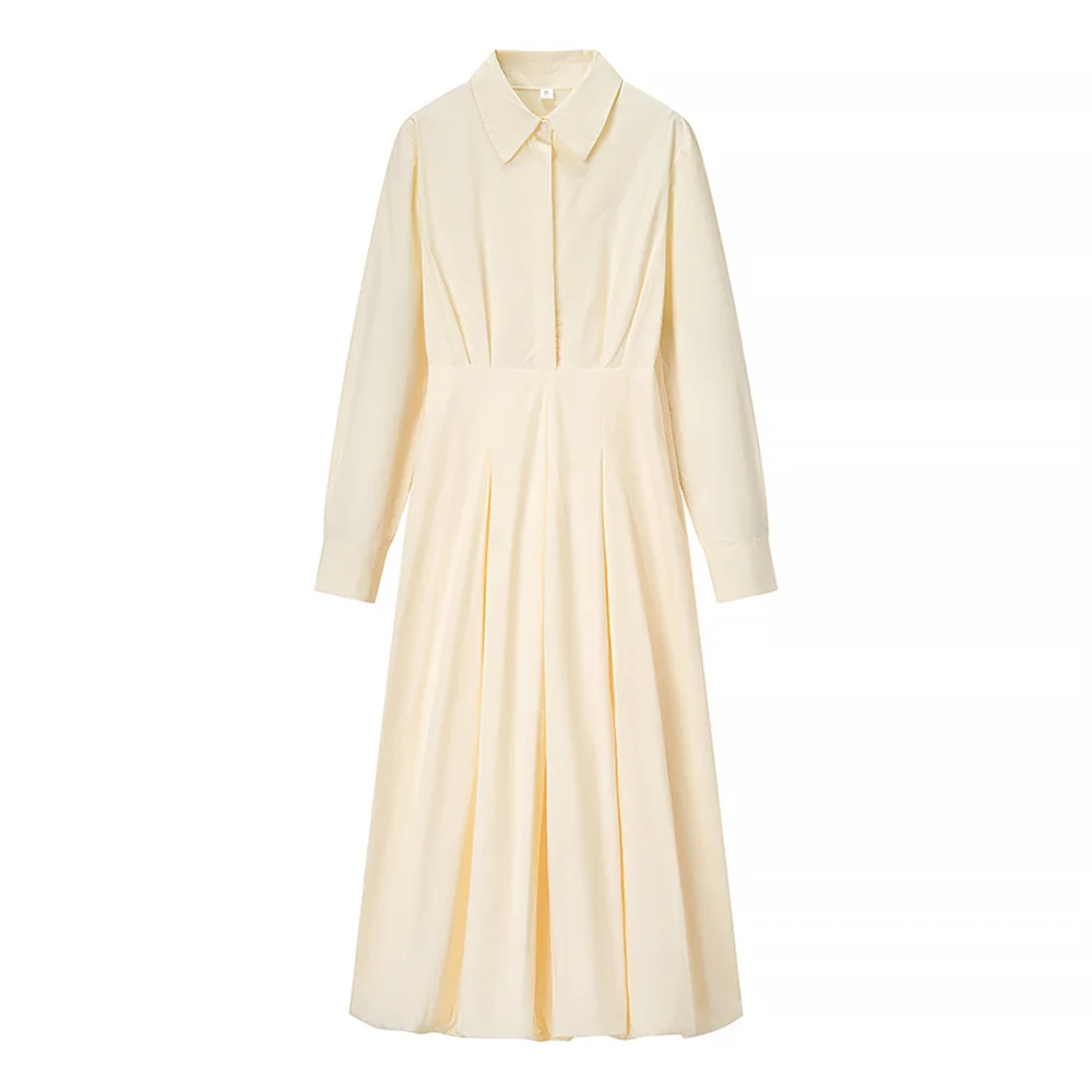 يتميز فستان نسائي جديد بقصة ضيقة وياقة طية صدر السترة وحاشية بأكمام طويلة وفستان بلون موحد #1