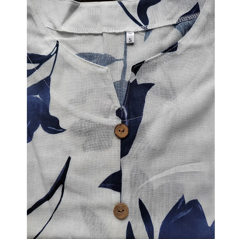 Camisa de lino y algodón estampada para mujer, Jersey de manga corta con cuello en V, ropa informal para primavera y verano, novedad de 2024