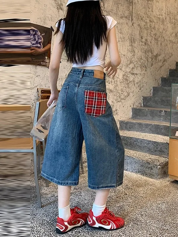 

High Waist Wide Leg Jeans Shorts Women's Loose Fit Washed Plaid Splicing Denim Seven-Foot Pants Summer Casual Style