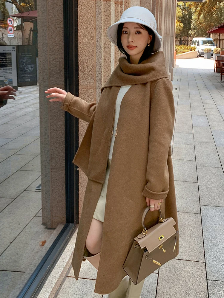 CAIXINGLE Scarf 30% Camel Wool Women's Coat Double-Sided Woolen Separated Scarf Wool Coat Fall Winter Trend Women's Clothing