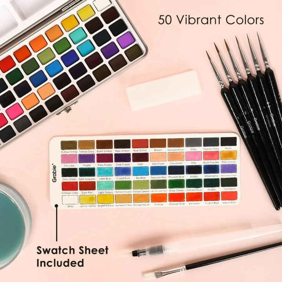 50 Colors Watercolor Paint Set with Detail Paint Brush Included for Artistic Painting Ideal for Travel and Hobbyists Comprehens