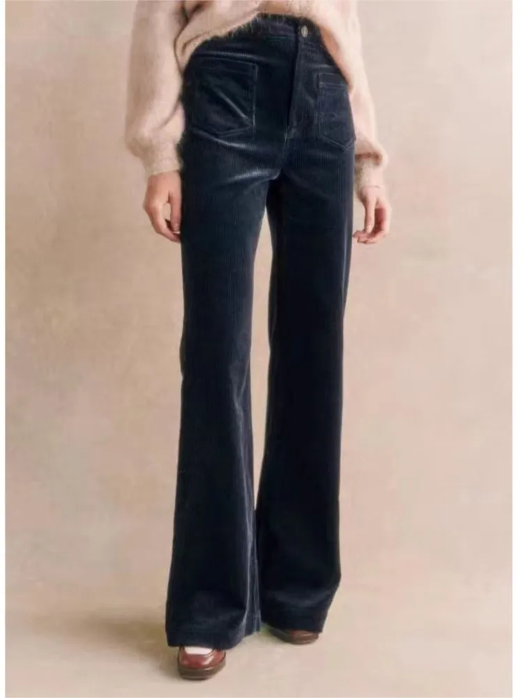 

Retro Corduroy Pant Woman Fashion With Pocket Straight Leg Simple Long Pants 2023 Autumn Winter Vintage Casual Solid Trousers