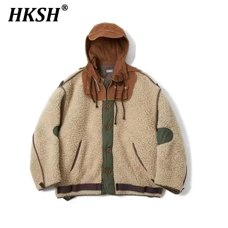 

HKSH Autumn Winter New Men's Tide Punk Japan Fleece Jacket Removable Splicie Wax Print Hat Detachable Color Contrast Coat HK3109