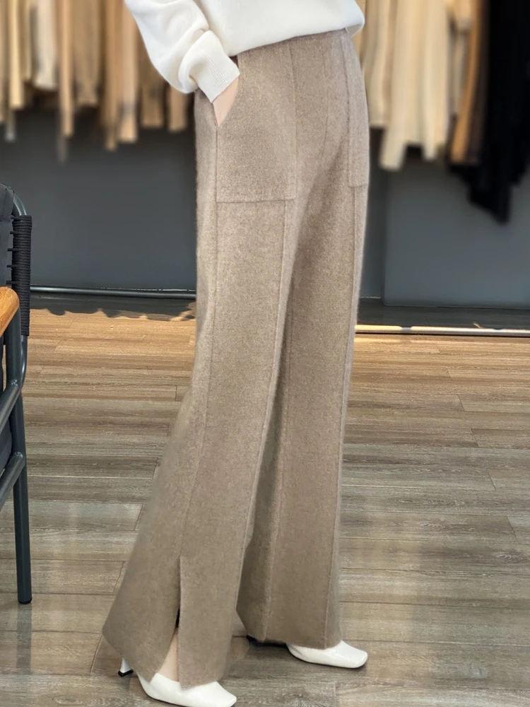 100% Merino Wool Women's Straight Leg Pants Autumn Winter Casual Fashion Cashmere Knitted Slit Pants