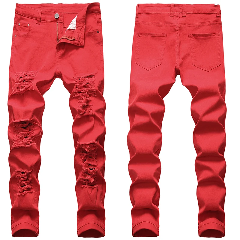 

Jeans Straight Motorcycle Beggar Pants Large Size New European Hole White Red Black And American Men's Jeans Denim