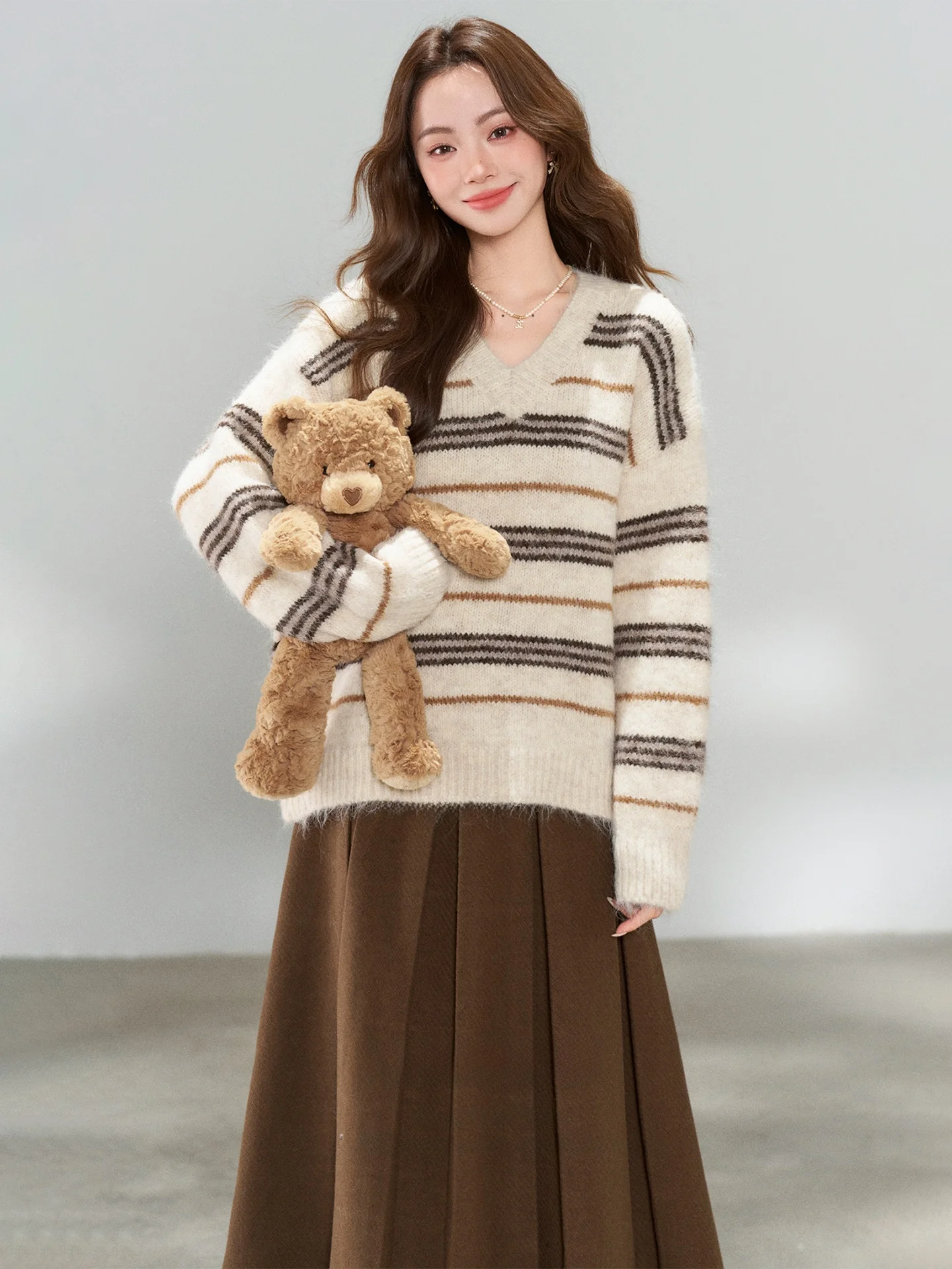 

Женский свободный полосатый вязаный свитер и юбка, комплект с высокой талией, V-Ne Long Sve, зимняя мода, повседневная одежда, костюм из двух предметов