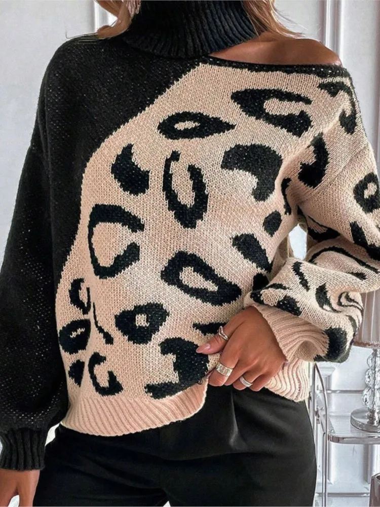 Winter Clothes Woman Pulls Femmes Off-shoulder Leopard Print Turtleneck Sweater All-match Loose Simple Style Comfortable Trendy