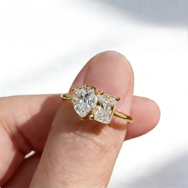 S925 Silver 1 Carat Water Drop Square Double Stone Moissanite Personalized European and American Fashion Wedding Engagement Ring