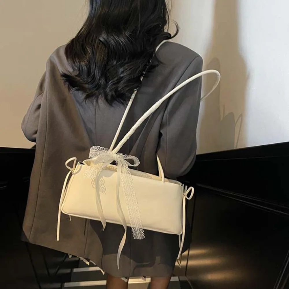 

Solid Color French Stick Handbag Bow Ribbon High Quality Silver PU Shoulder Bag Waterproof Korean Style Cylinder Underarm Bags