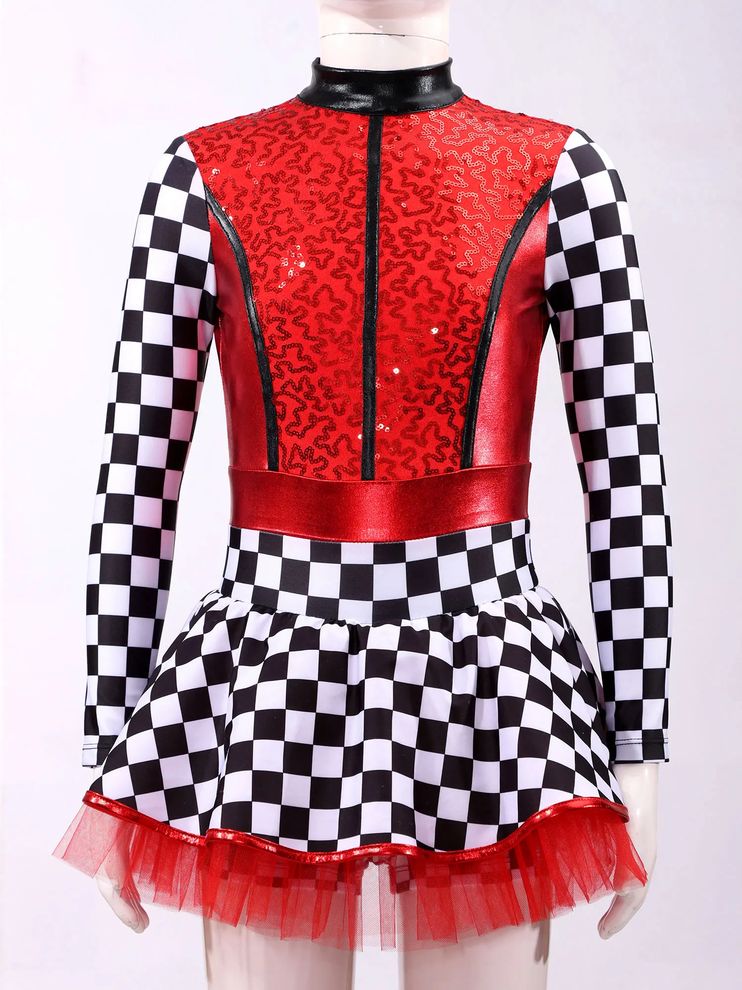 Kids Girls Race Car Driver Cosplay Costume Long Sleeve Checkerboard Sequin Tutu Dress Rave Themed Party Racer Pole Play Dress Up