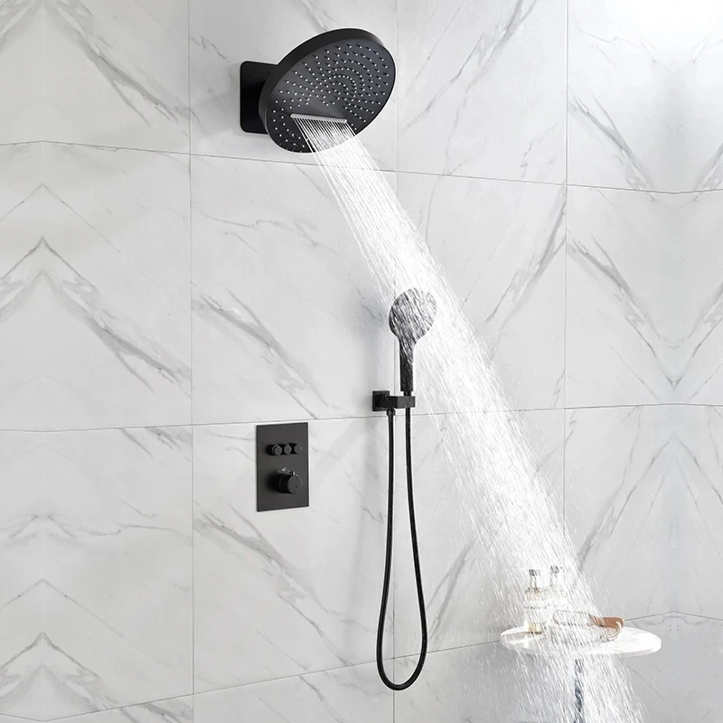 Luxury Wall Mounted Modern shower system concealed brass shower mixer set Matte black bathroom thermostatic shower faucet set