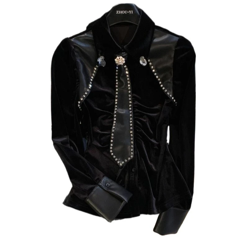 

Корейская уникальная и красивая бархатная рубашка с длинными рукавами и гарячим ромбовидным кожаным галстуком, женские весенне-осенние новые тонкие футболки