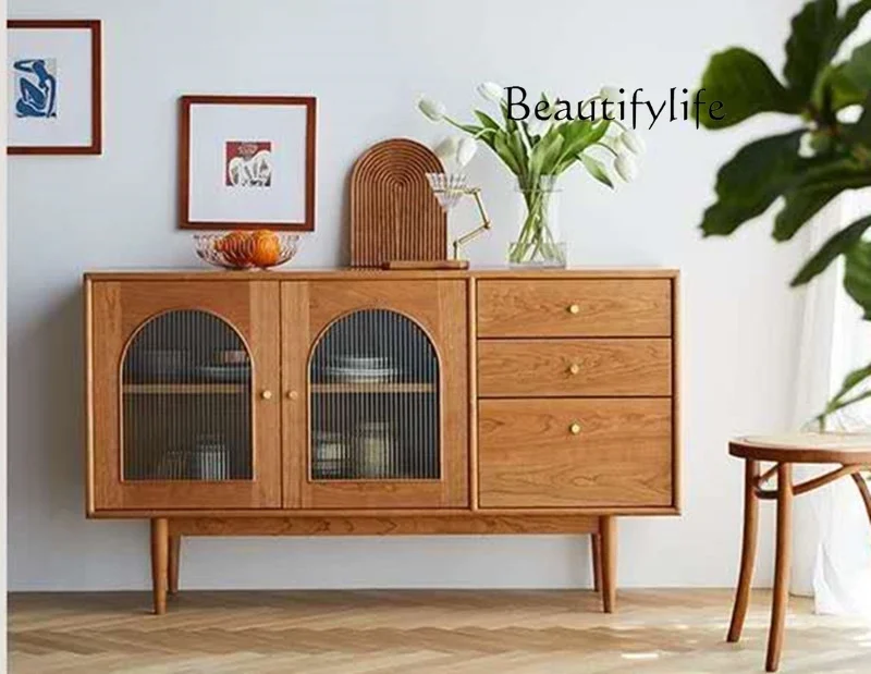 Nordic solid wood dining side cabinet creative glass door living room tea and wine cabinet light luxury storage cabinet