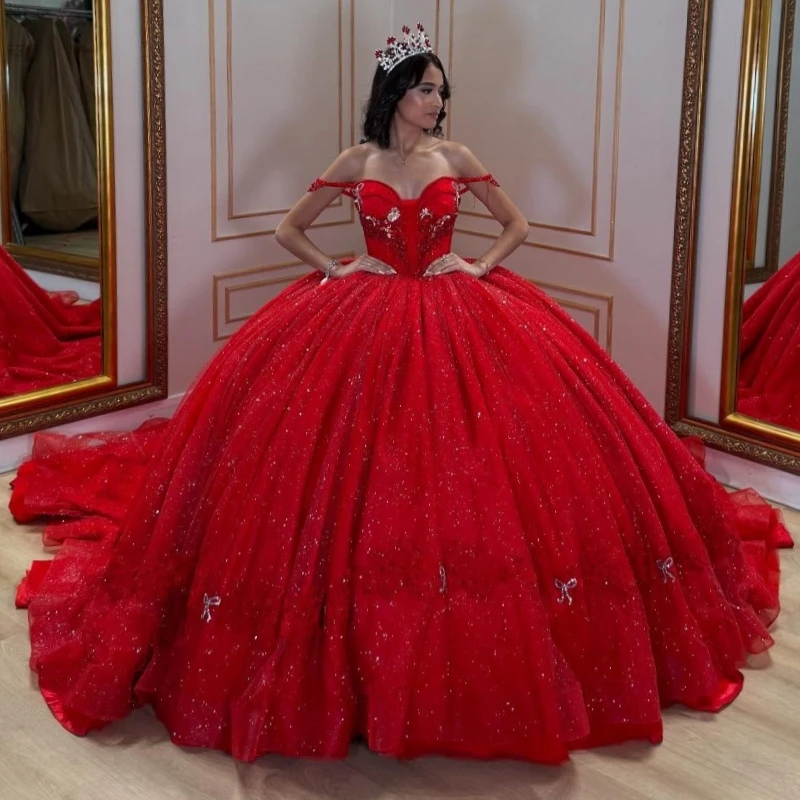 

Red Shiny Quinceanera Dresses Ball Gown Off The Shoulder Applique Beading Tull Party Birthday Sweet 16 Dress Vestidos De 15 Anos