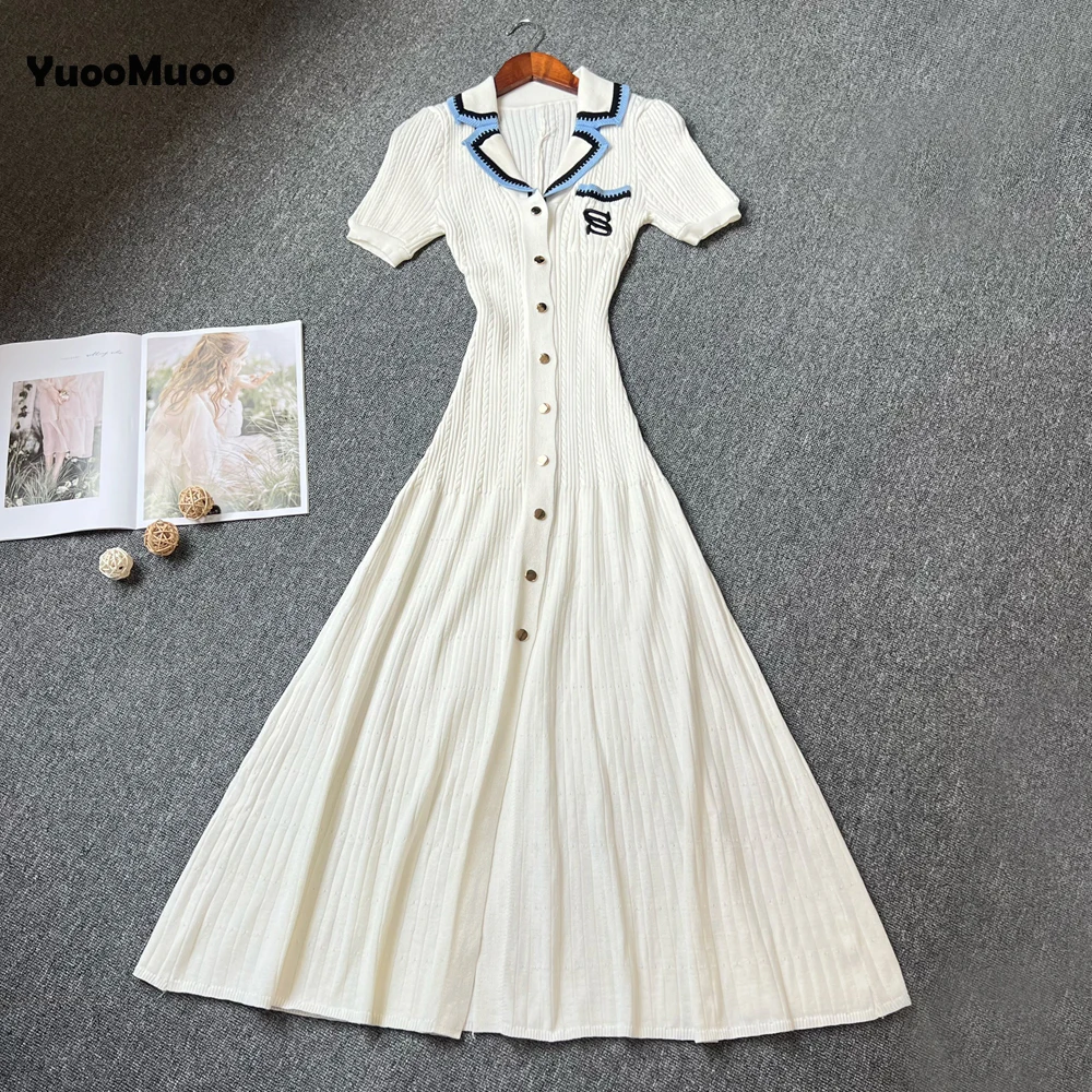 Yuoomuoo chique moda bordado feminino maxi vestido elegante turn-down colarinho de malha camisa longa vestido senhora do escritório vestidos de festa