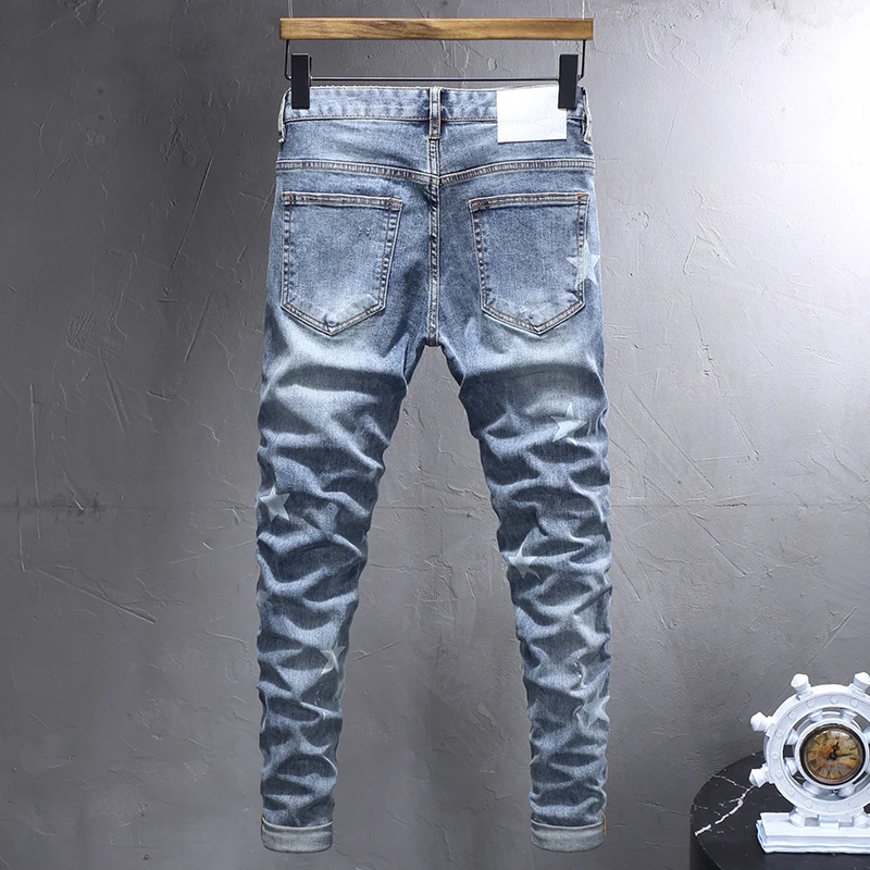 Street Fashion Men Jeans Retro Blue Elastic Stretch Slim Fit Ripped Jeans Men Stars Printed Designer Vintage Denim Pants Hombre