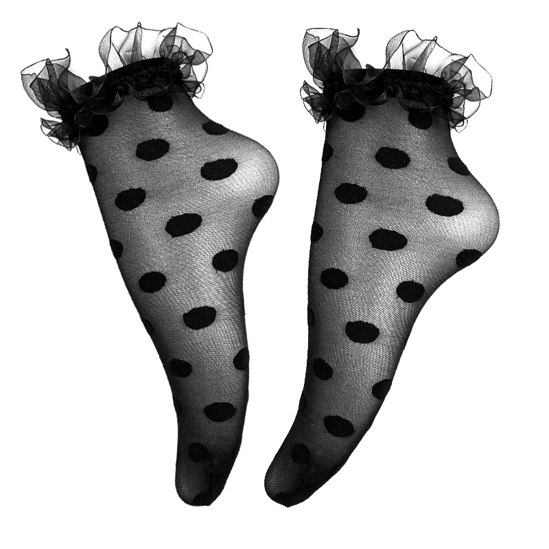 Lolita – chaussettes transparentes en dentelle à volants noire, Vintage, élastiques, à pois, transparentes, pour femmes, Sokken Vrouwen