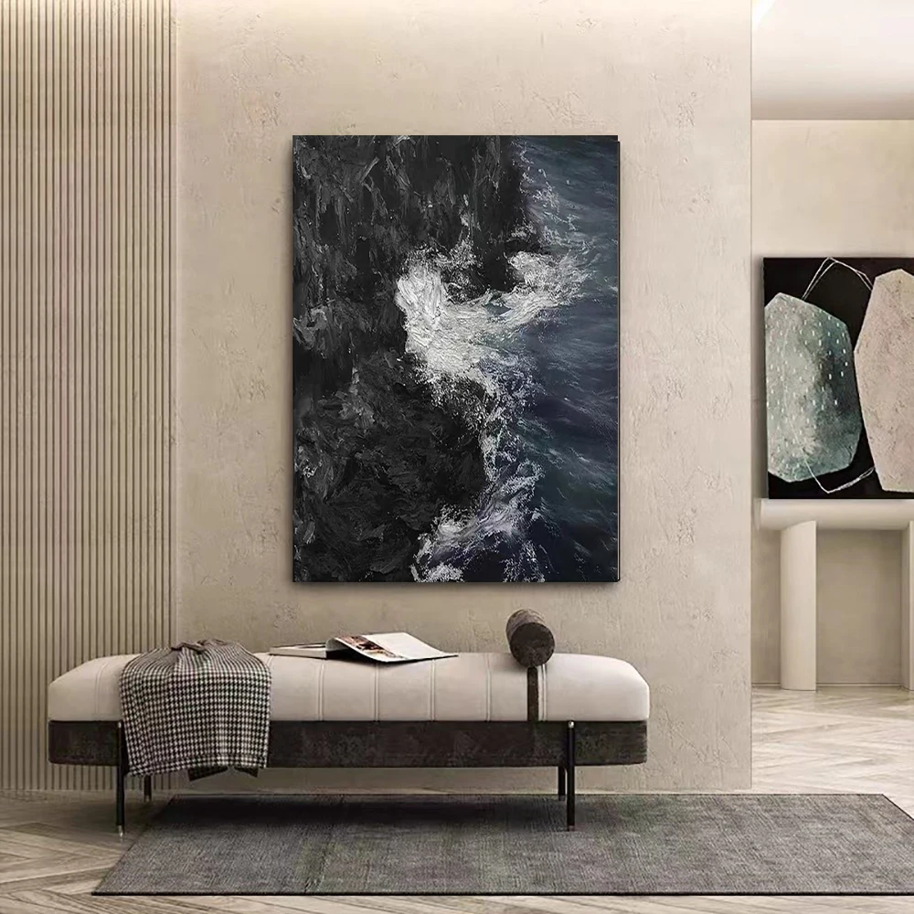 

Абстрактная Толстая Текстура акриловая Картина на холсте Пейзаж Настенный Декор Картина Искусство 100% ручная роспись черная морская волна масляная живопись