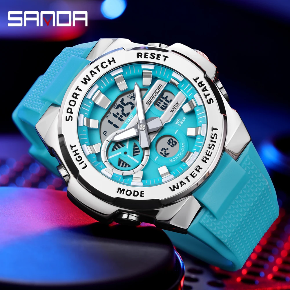 Moda SANDA nuevo 3385 reloj electrónico de lujo para estudiantes reloj electrónico deportivo multifuncional LED resistente al agua con pantalla Dual