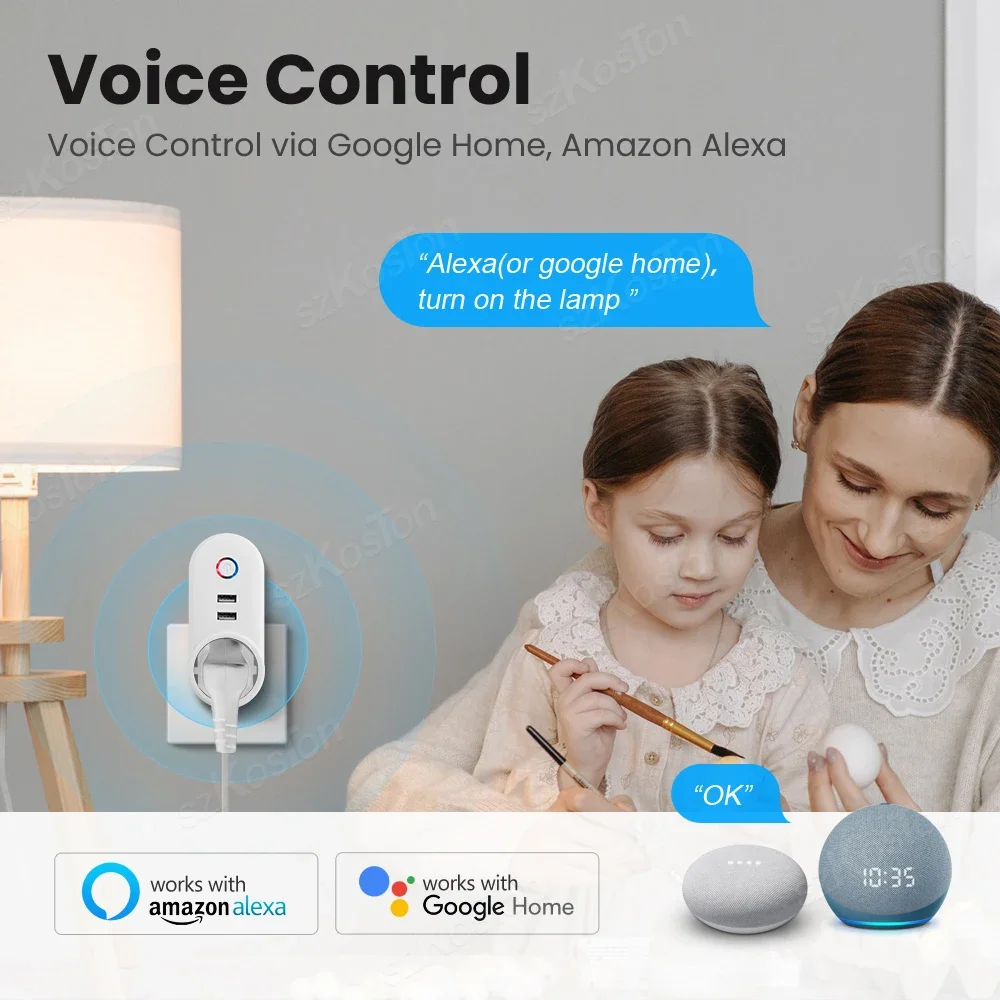 16A Tuya EU Wifi Smart Plug Wireless Outlet Dual USB Ports Socket Timer Smart Life Remote Control via Alexa Google Assistant