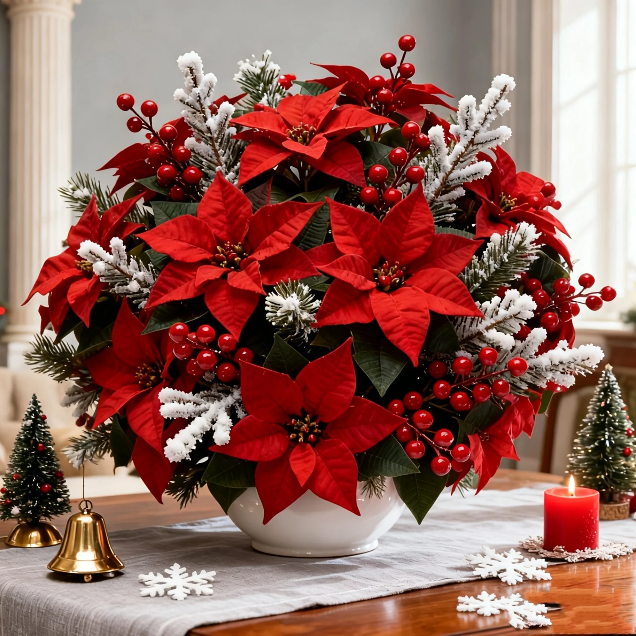 24/12 Pack (4 Poinsettia Bunches + 10 Red Berries + 10 White Flocked Pine Branches / 2 Poinsettia Bunches + 5 Red Berries + 5 White Flocked Pine Branches) Without Vase. Suitable for Home Window Displays, Perfect for Christmas Home Decoration, and Perfect for Winter Tabletop Vase Arrangements