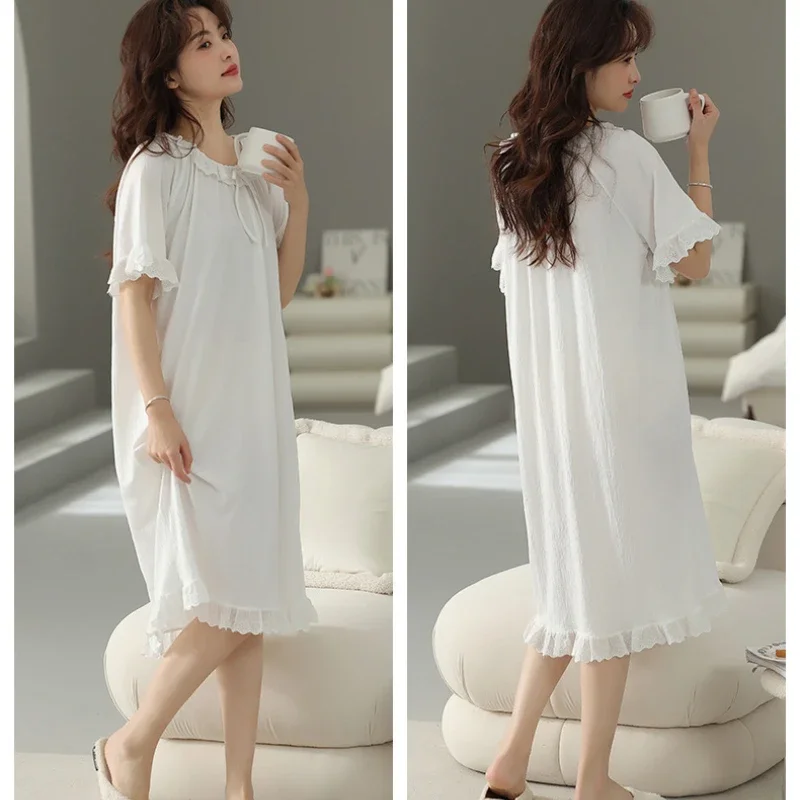 100kg Large Size Sweet Midi Night Dress Women Summer Short Sleeve Loose Sleepwear Princess Vintage Victorian Nightgown Pajamas