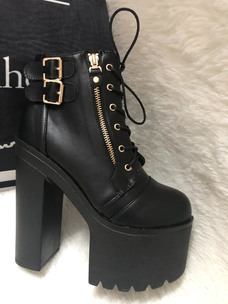 European and American Nightclub Sexy Ankle Boots 2024 Fall New 16 Cm Super High Heel Womens Boots Crude Heel Lace-Up Short Boots