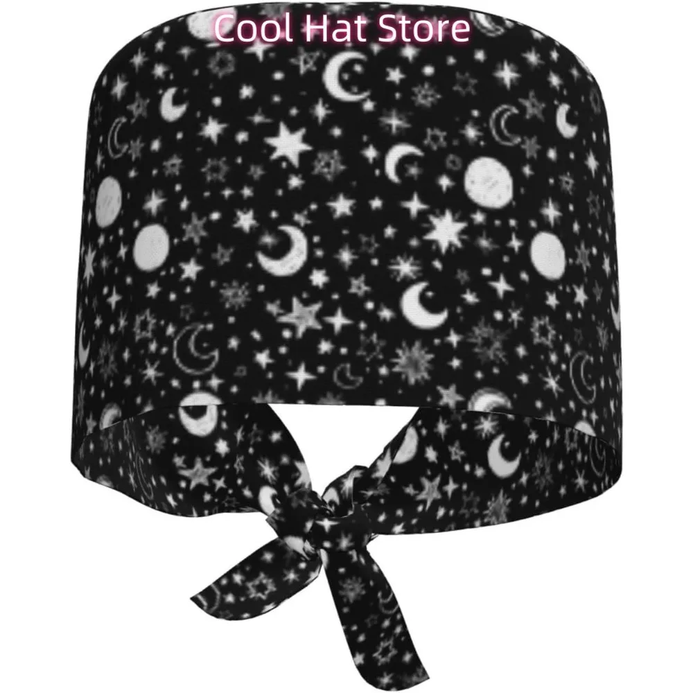 

Black and White Space Pattern Stars Moon Breathable Scrub Hat for Nurses & Doctors Adjustable Working Cap with Moisture-Wicking