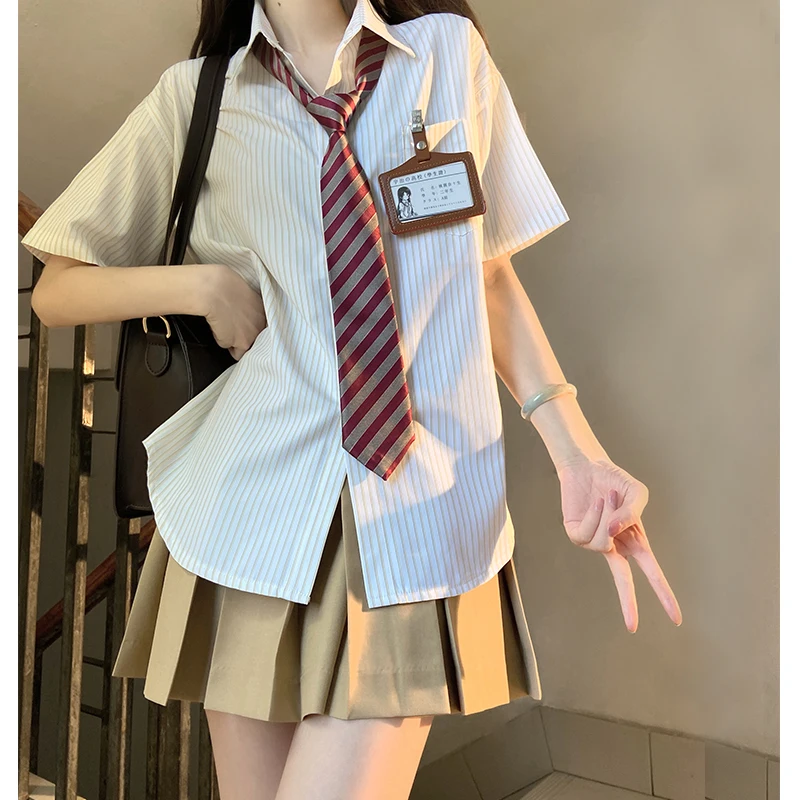 Conjunto completo de saia plissada e camisa grande listrada feminina, conjunto uniforme JK, manga comprida, curto, solto, casual, estilo universitário, americano