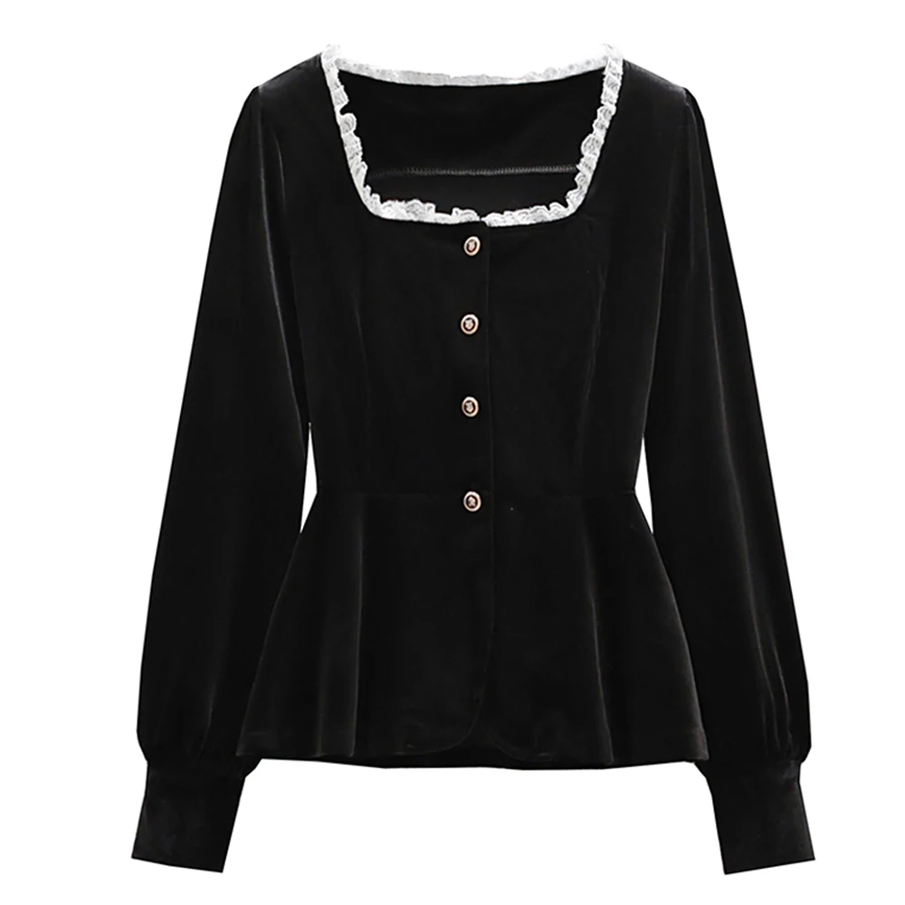 

Black Velvet Shirt Women's Oversize French Style Autumn Spring Slim Fit Waist Elegant Square Neck Long Sleeve Casual Chic Top