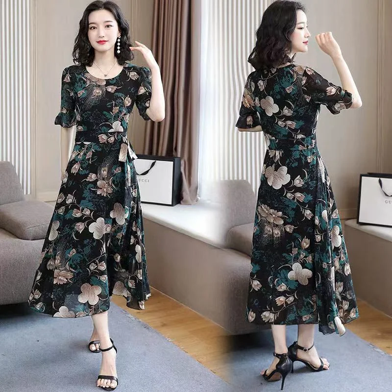 

Summer Women New High-end Short Sleeved Dress Super Fairy And Western-style, Slimming Fashionable Concealing Female Floral Skirt