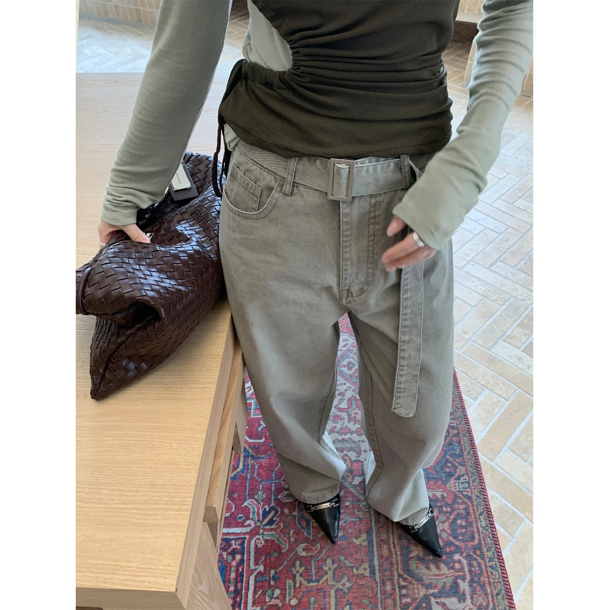 

2 цвета SML, женские весенне-осенние винтажные ферментные брюки с высокой талией, свободные прямые повседневные длинные брюки для женщин + пояс (xy3945