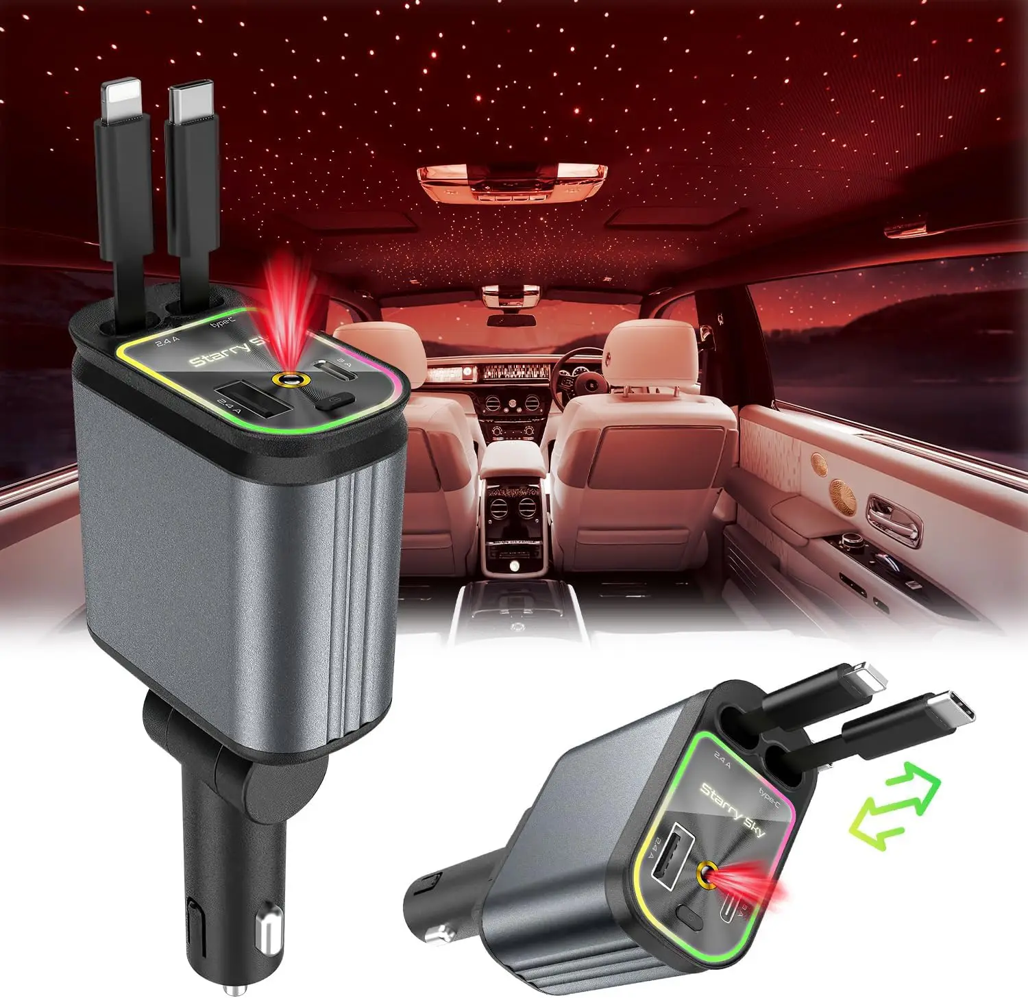 

Retractable Star Projection Car Charger, 4 in 1 Star Night Light Charging Car Adapter, Travel Essentials Car Supplies