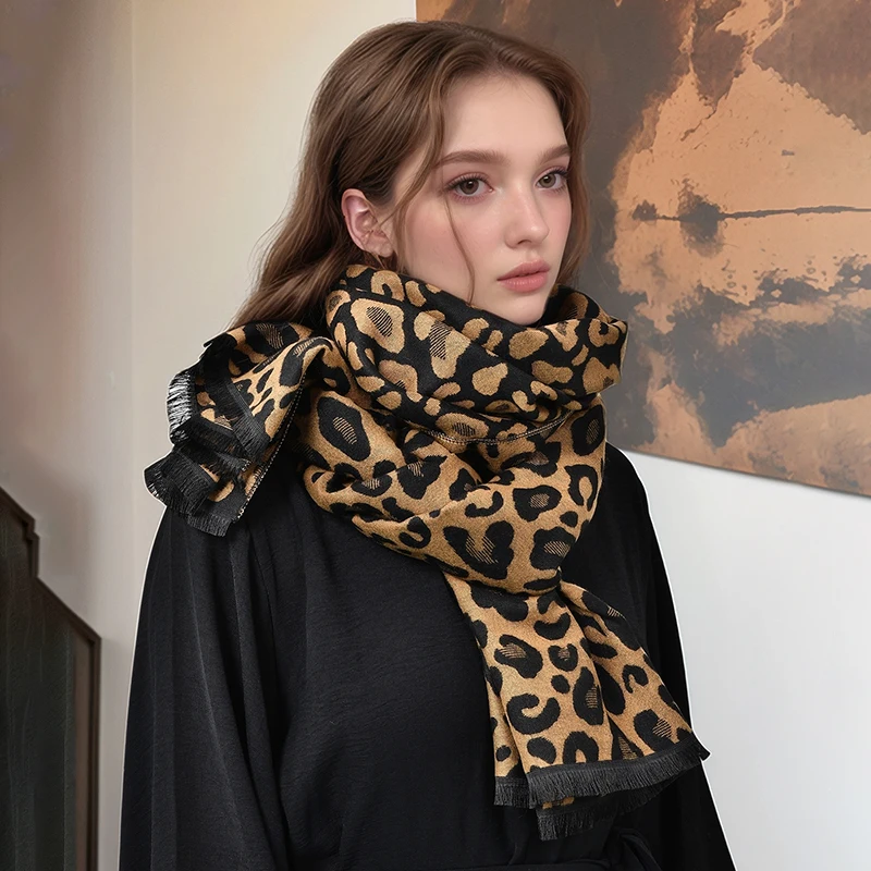 Leopard Cashmere Scarf Tassel Shawl Wraps For Women Neckerchief Winter Warm Blanket Stoles Thick Soft Pashmina 2024 Muffler