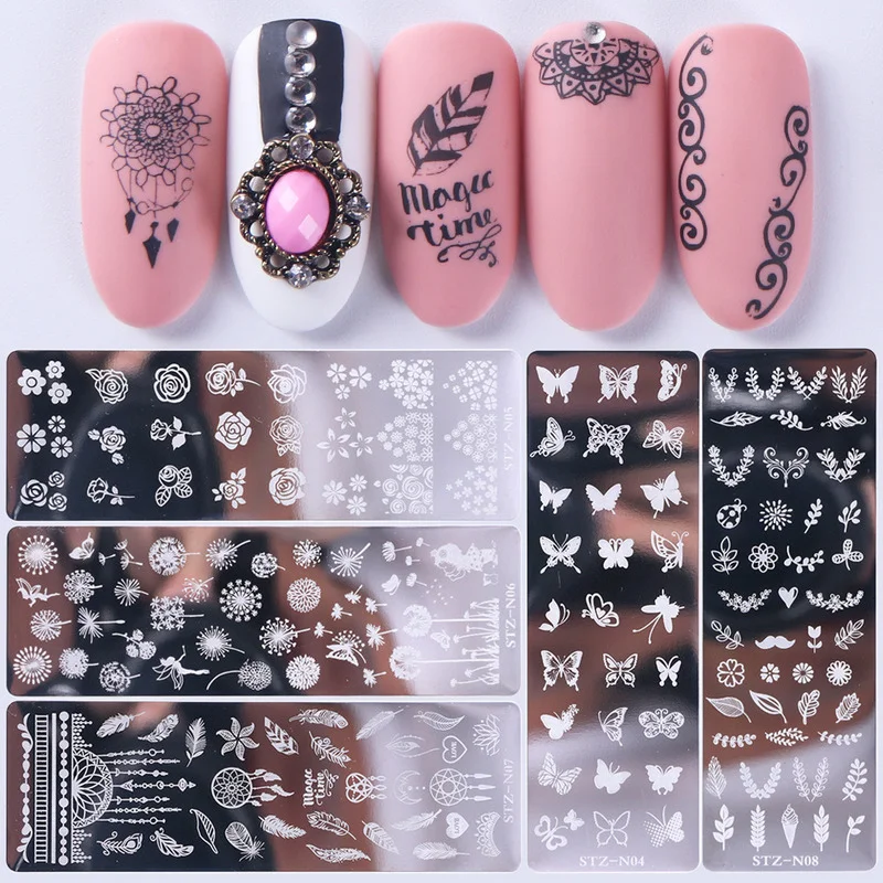 12 Ontwerpen Retro Bloem Vlinder Nail Art Sjablonen Stempelplaat Sneeuwvlok Dier Kant Stempel Sjablonen Plaat Afbeelding Decor Gereedschap