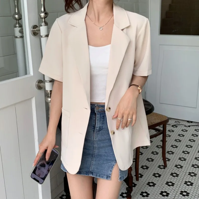 Blazer Women Korean Chic Summer Short Sleeve Suit Jacket Pockets Office Ladies Black Blazer Femenino Women Clothing Thin Tops