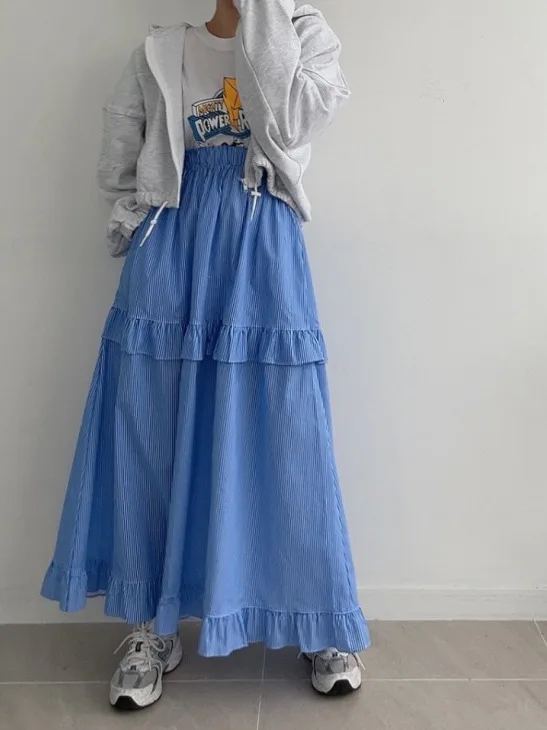 블루 스트라이프 하프 길이 A 라인 우산 스커트 여성 유행 젊은 다목적 레이스 접합 디자인 하이 웨이스트 스커트