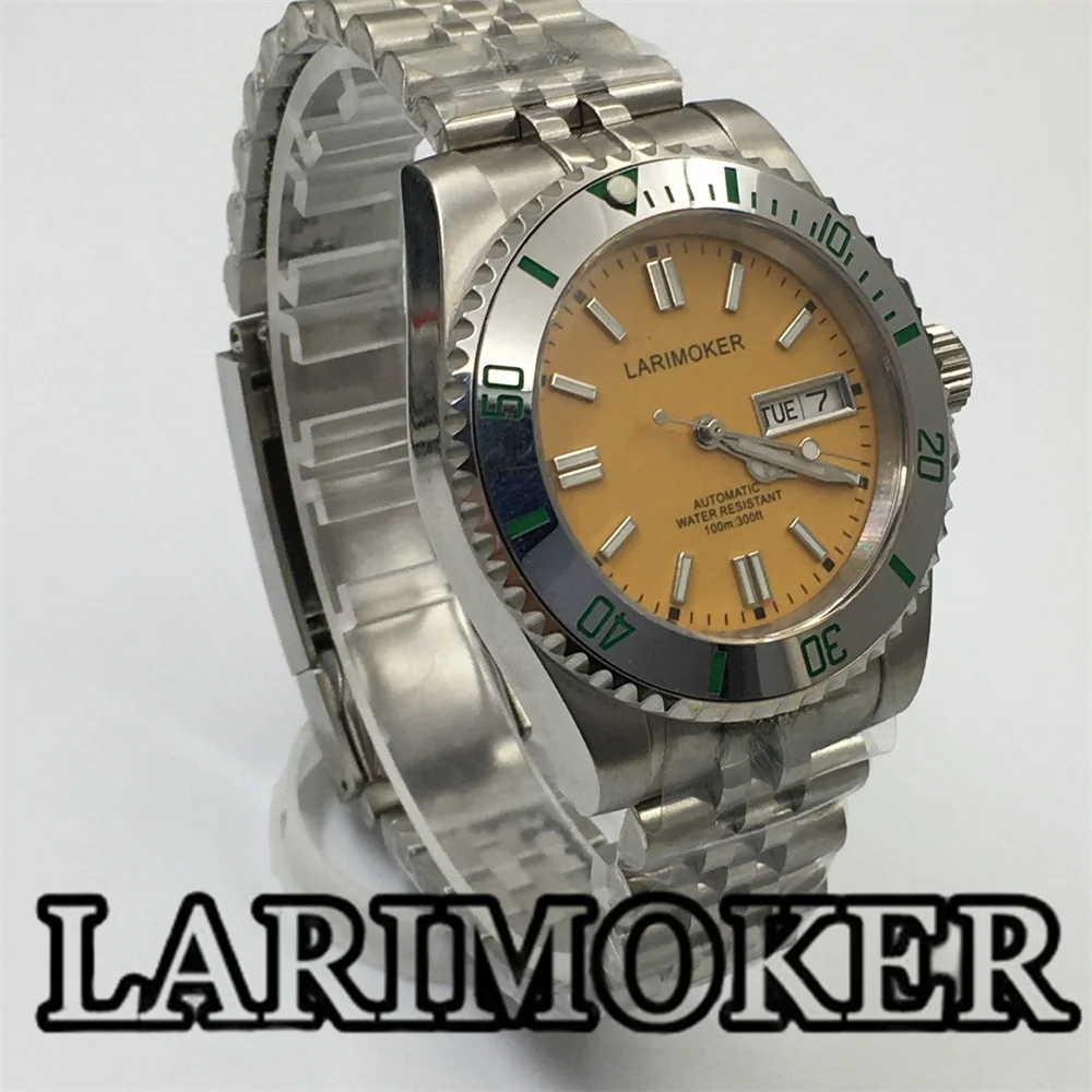 LARIMOKER 40mm NH36 Man Watch Yellow watch Luminous Dial Sapphire Crystal Date Week Ceramics Bezel Luminous Stainless Strap