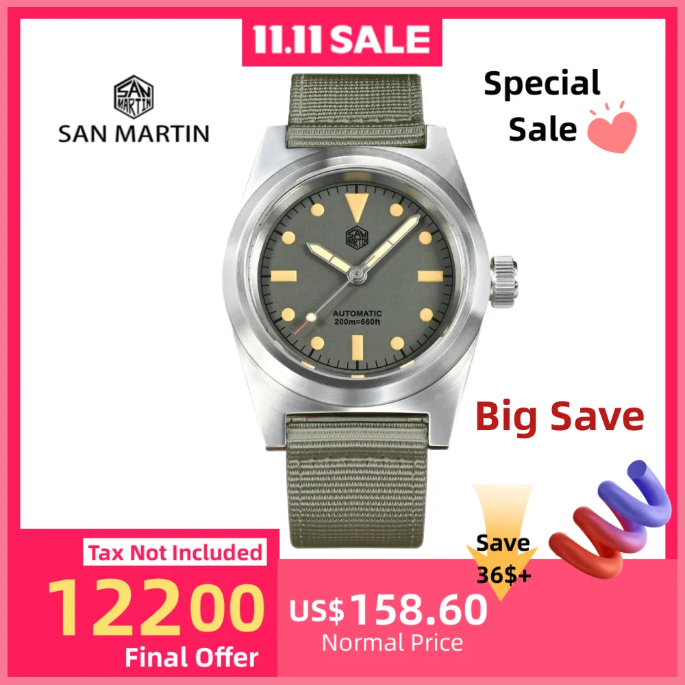 

San Martin 38MM Automatic Mechanical Watch YN55A Self-Wind Wristwatches Diver Sapphire C3 Luminous 20Bar Waterproof SN0029C