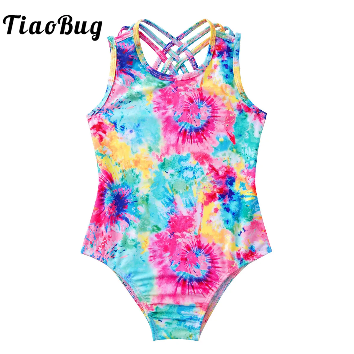 Kids Girls Ballet Gymnastics Leotard Sleeveless Tie Die Print Criss Cross Back Athletic Workout GYM Bodysuit Jumpsuit Swimsuit