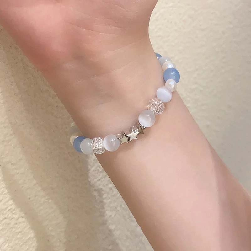 Harajuku Pentagram Pearl Beaded Bracelets for Women 2023 Korean Aesthetic Cute Star Blue Glass Ball Bracelets Y2k Jewelry Gifts