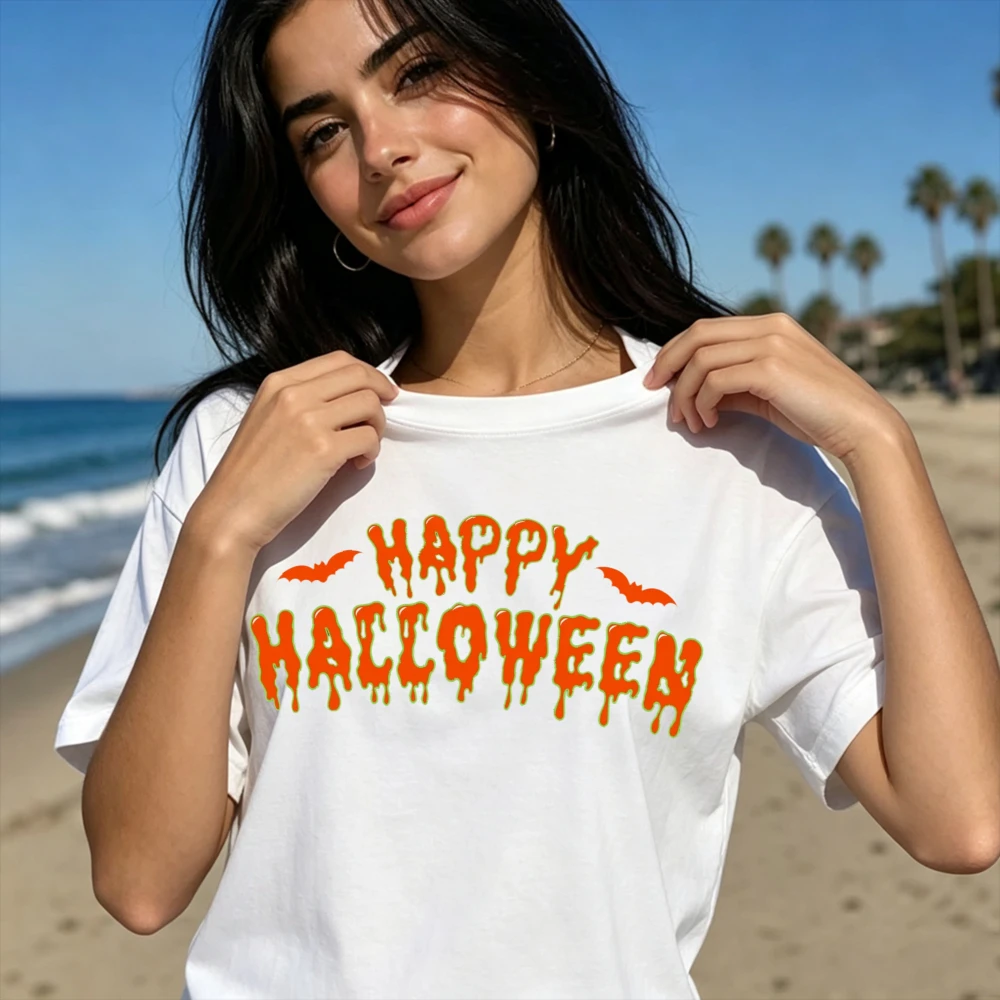 Retro Gothic Halloween Dripping Font Bats Graphic Cotton Short Sleeve Summer T-Shirt Trendy Men Women Shirt Women Clothing