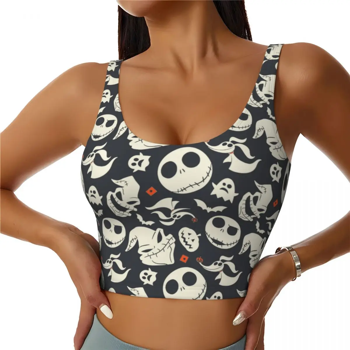 Camisetas sin mangas cortas de entrenamiento Jack Skellington personalizadas para mujer, sujetadores deportivos para correr The Nightmare Before Christmas