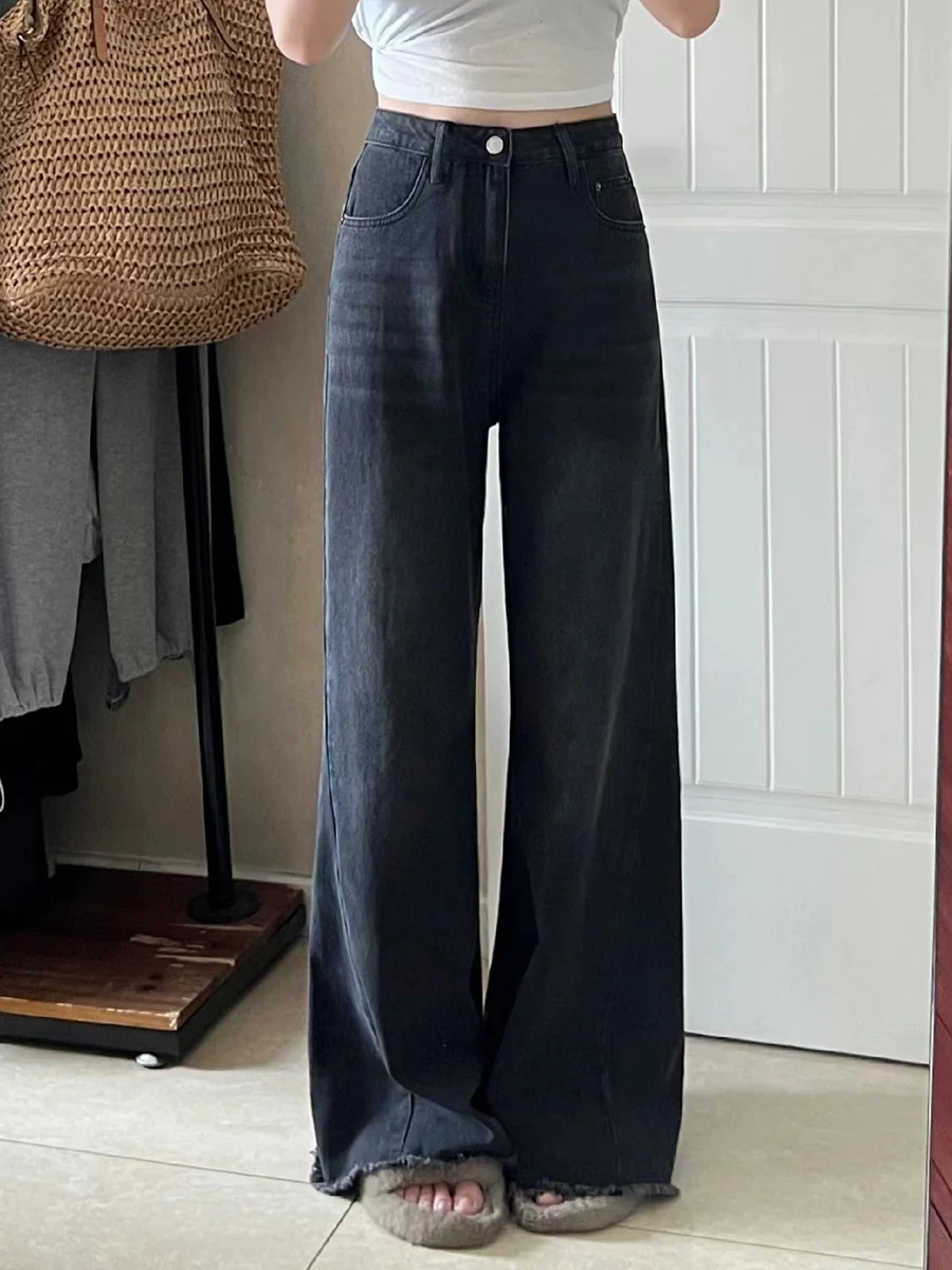 

Американские ретро-джинсы с высокой талией и широкими штанинами для женщин, осенне-зимние, удлиненные, стройнящие, несимметричные, расклешенные