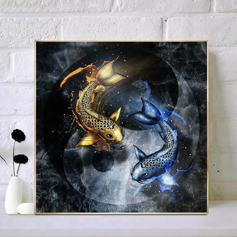 Yin Yang Koi Fish Golden And Blue Ink Diamond Paintings DIY Mosaic Full Embroidery Rhinestone Art Cross Stitch Kits Decoration