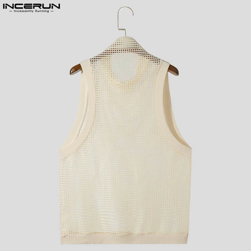 INCERUN Men Tank Tops Mesh Transparent Hollow Out Turtleneck Sleeveless Male Vests Summer Streetwear 2024 Fashion Men Clothing