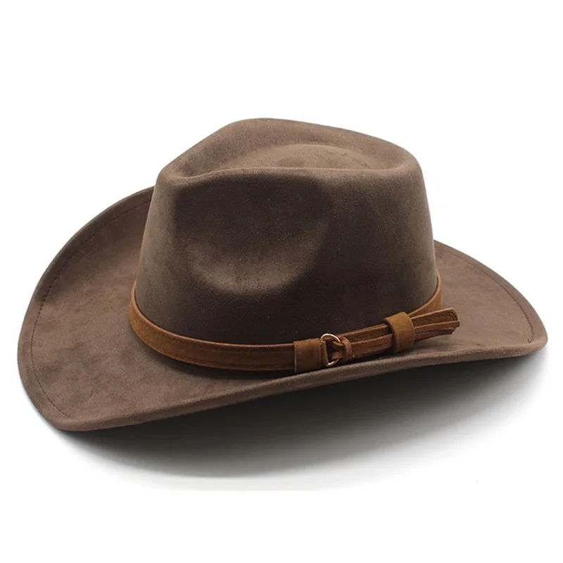 Combhasaki – chapeau de Cowboy en feutre pour femmes et hommes, unisexe, Vintage, rétro, doux, à large bord, Chamois, chapeau occidental avec ceinture pour fête