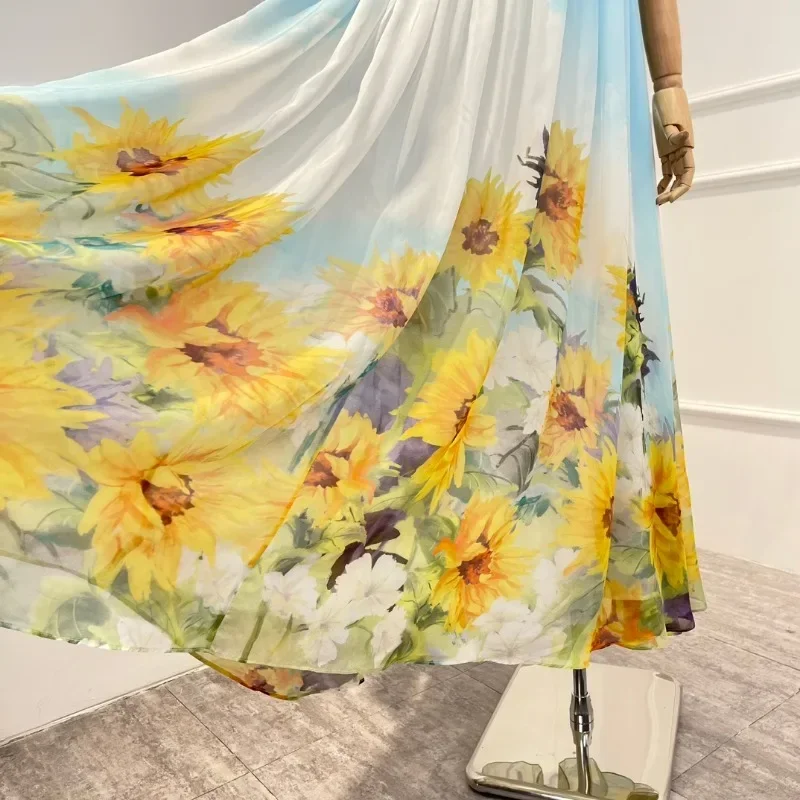 Draped Bodice Pleated Voluminous Skirt Maxi Dress Top Quality Gorgeous Beach Style 2025 New Collection Halterneck Print