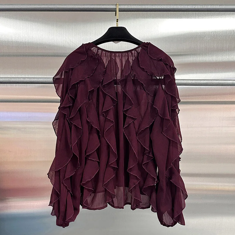 Europe America 2025 Summer New High-end Ruffle Edge Loose Slim-fitting Shirt Top For Women