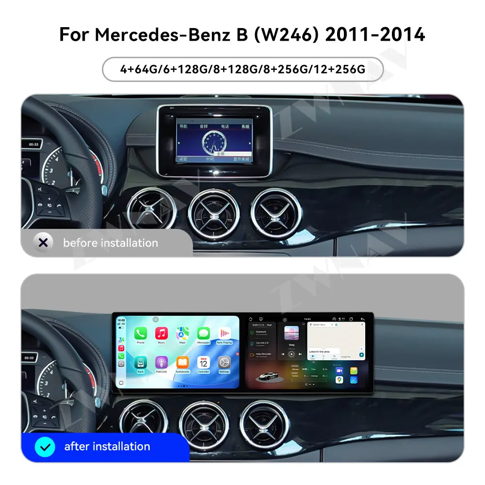 Dual Screen 9.1inch Car GPS Android15 Navigation For Mercedes Benz B W246  2011-2014 NTG4.5 HeadUnit Multimedia Player Car Radio